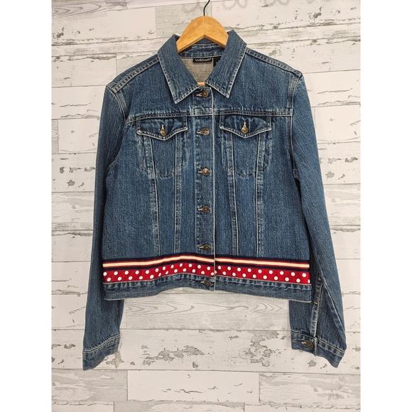 WilliSmith Jackets & Blazers - WilliSmith Womens XL Denim Jacket Polka Dot Ribbon Trim Blue Cotton Trucker